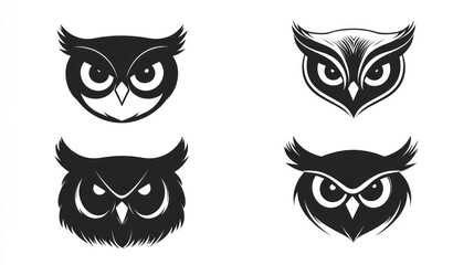 Four owl head illustrations, white background, design elements
