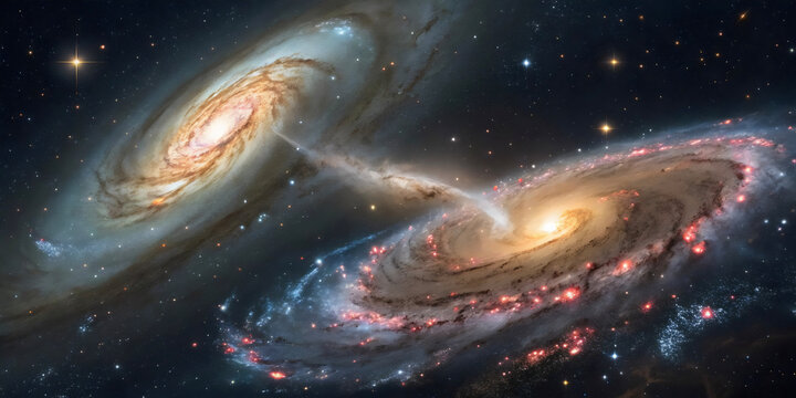 Mesmerizing view of two spiral galaxies colliding in deep space, showcasing cosmic evolution, interstellar dust, bright stars and the gravitational interaction of celestial bodies. - Powered by Adobe