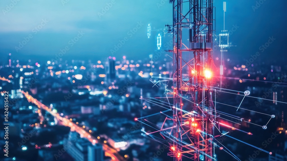 Poster night cityscape with illuminated cellular tower and data streams