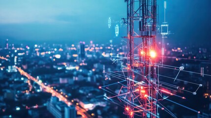 Night Cityscape with Illuminated Cellular Tower and Data Streams