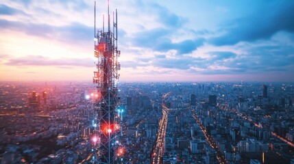 Naklejka premium Aerial View of Cityscape at Sunset with Illuminated Telecommunication Tower