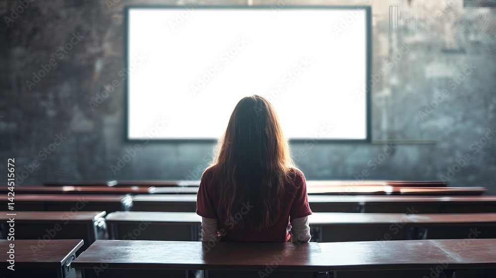 Poster student watching blank screen in classroom: education and presentation concept