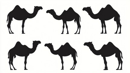 Desert Camels Silhouettes, Diverse Poses, White Background, Animal Illustrations