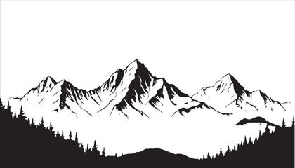 A black and white image of a mountain range