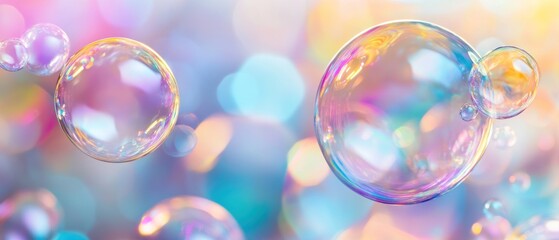 Pastel Bubble Wonderland: A Dreamy Macro Shot of iridescent soap bubbles floating against a bokeh background.