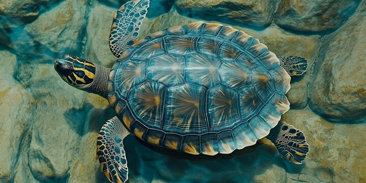 A sea turtle swimming gracefully in clear water near rocks, showcasing its unique shell pattern design