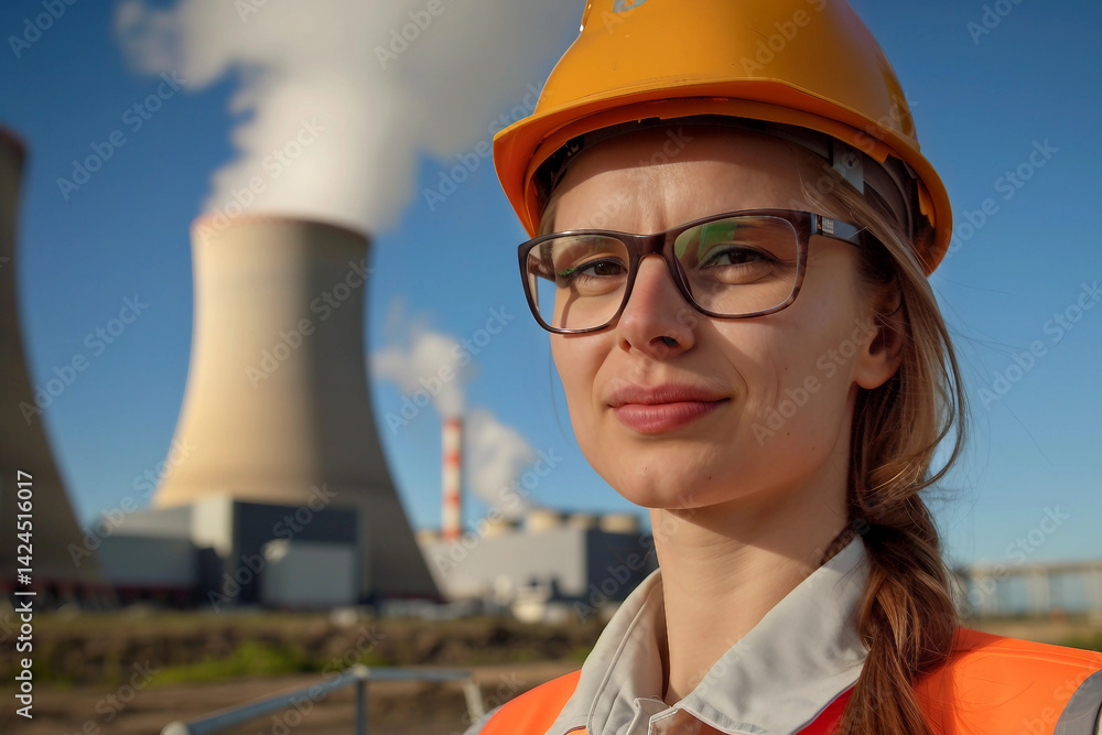 Poster engineer against of a nuclear reactor turbine in industrial setting generative ai