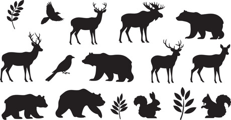 Fototapeta premium Forest Animals Silhouettes: Deer, Bear, Moose, Squirrel, Rabbit, Birds and Foliage Collection on the transparent background AI Generative