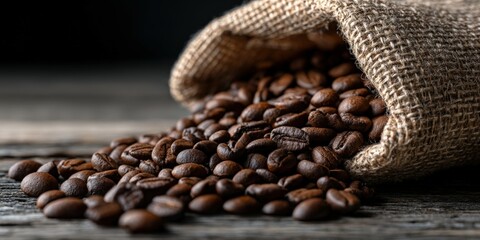 Fresh coffee beans spill from a burlap sack