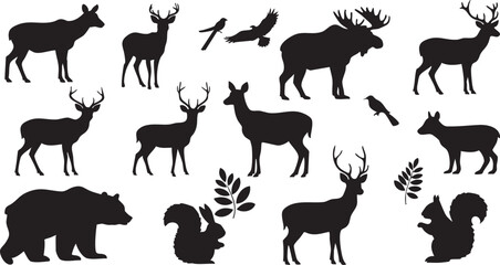 Obraz premium Wildlife Animal Silhouettes: Deer, Bear, Moose, Birds, Squirrel, Foliage Collection on the transparent background AI Generative