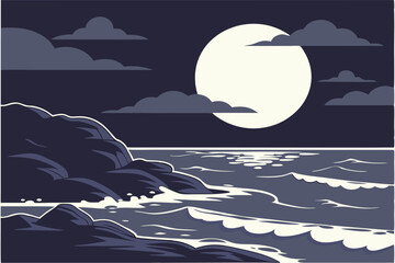Full Moon Over Water Serene Nightscape with Rocky Shoreline