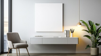 Minimalist White Desk with Chair and Poster in Bright and Clean Space