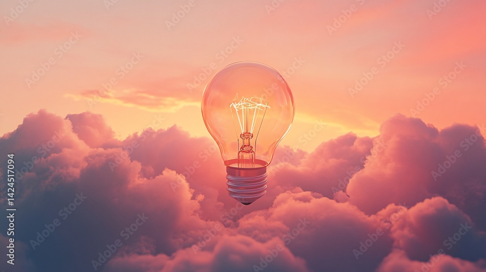 Aufkleber light bulb floating on clouds at sunset symbolizing ideas and innovation
