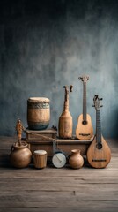 Collection of vintage stringed instruments and percussion set on a rustic wooden surface