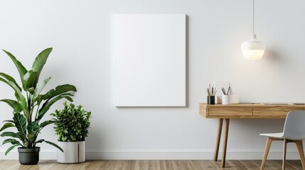 Fototapeta premium Minimalist Desk with Lush Green Plant and Clean White Board for Focus