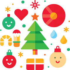 Cute and Fun Christmas Icon Set, Christmas Elements: Santa, Hat, bell, tree, light, gift, read hart, Christmas gift, star,
