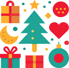 Traditional Holiday Icons in Vector Art, Christmas Elements: Santa, Hat, bell, tree, light, gift, read hart, Christmas gift, star,