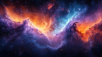 Obraz premium Cosmic nebulae swirl in vibrant hues of orange, blue, and purple. Stars twinkle amidst swirling clouds of gas and dust