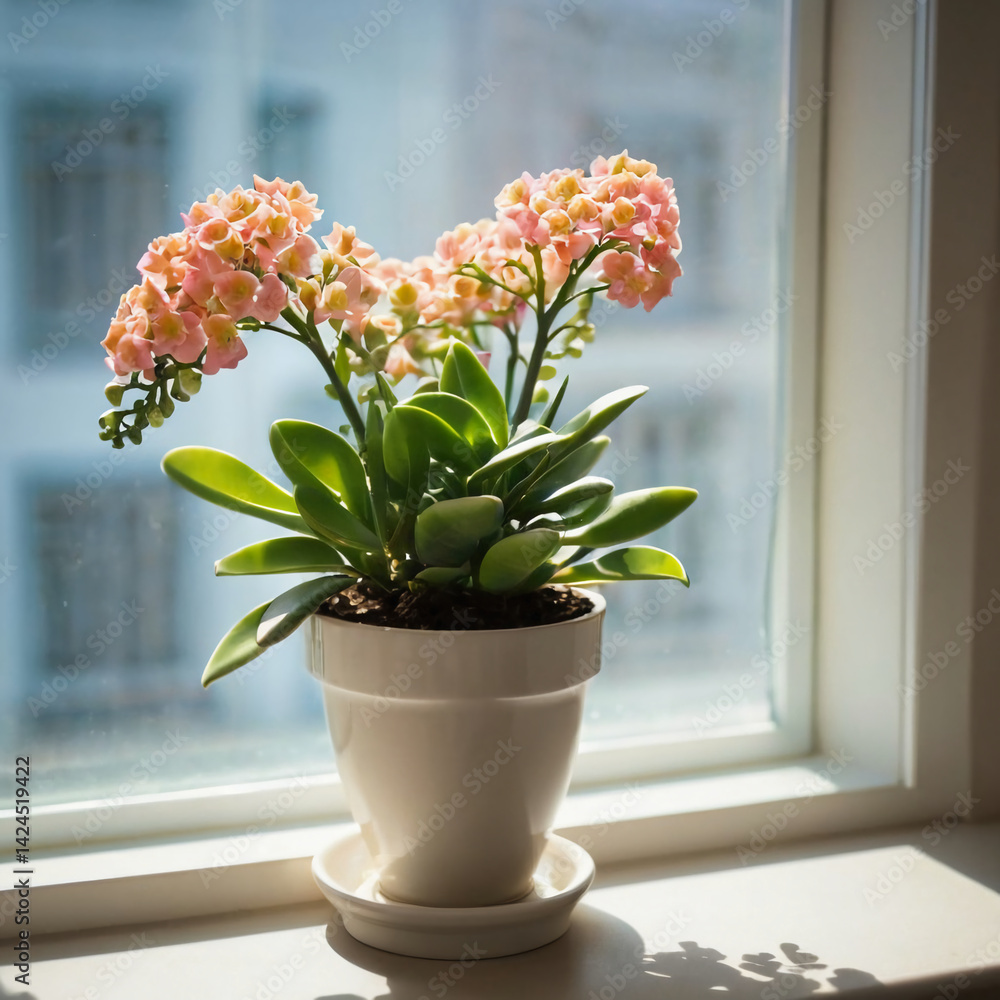 Poster bright sunlight streams through a window, illuminating delicate pink orchids in a white pot. lush gr
