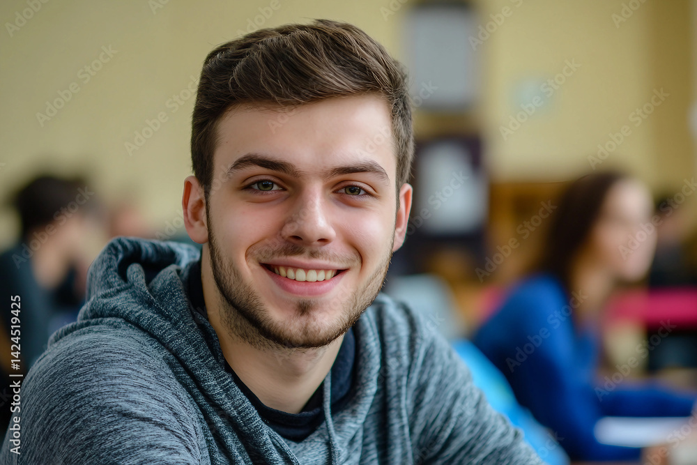 Poster focused student writing during test exam in classroom surrounded by classmates during study session 
