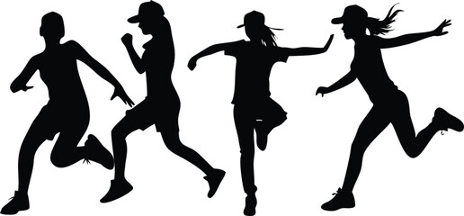 Diverse Female Runners Silhouette Collection with Baseball Caps on White Background