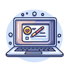 digital illustration of laptop displaying form with heart icon and pencil, symbolizing online communication and creativity. design is colorful and modern, with circular background