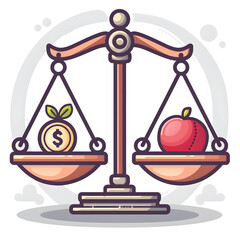 balanced scale with coin and apple symbolizes concept of value comparison, weighing financial worth against health or lifestyle choices. illustration is colorful and engaging