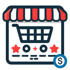 Shopping cart icon with storefront awning, featuring red and white stripes, two red stars, and dollar sign symbol. design conveys online shopping and e commerce themes