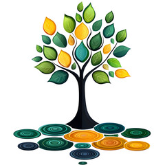 stylized tree with vibrant green, yellow, and orange leaves stands above colorful concentric circles, symbolizing growth and harmony