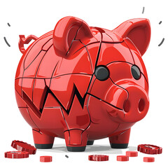 red piggy bank with visible cracks and zigzag pattern symbolizes financial instability or economic crisis. broken pieces and scattered coins emphasize theme of monetary loss