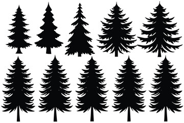 Evergreen Tree Silhouettes Collection. Different Shapes Tree on Transparent Background
