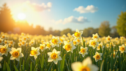 Fototapeta premium Spring Flowers: Fields of blooming flowers symbolizing the arrival of spring, gorgeous sunny weather.