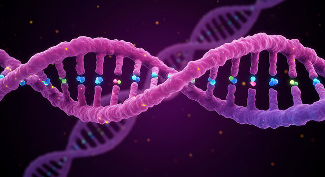 Pink and Purple DNA Double Helix Molecular Structure Illustration