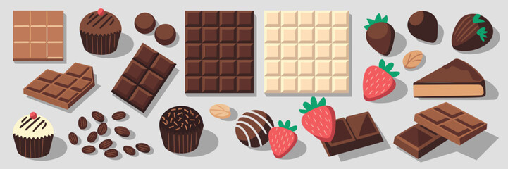 Fototapeta premium Vector icon sheets of chocolate bars with strawberry and more