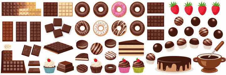 Fototapeta premium Vector sheet with various chocolate items including bars, donuts, cupcakes, cookies, and a fondue pot