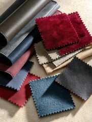 Fabric samples and rolls displayed on a neutral surface