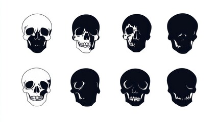 Eight skull illustrations; various angles, shading.  Graphic design element