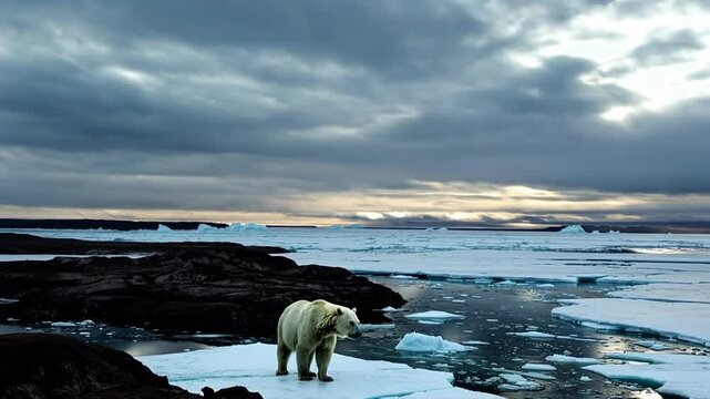 Polar bear standing on melting ice in a dramatic Arctic landscape  