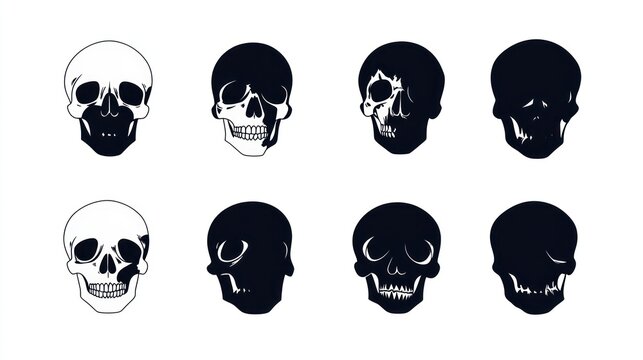 Eight skull illustrations; various angles, shading.  Graphic design element