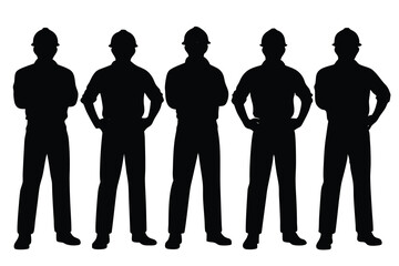 Full length silhouette of five engineers wearing hard hats standing in various poses