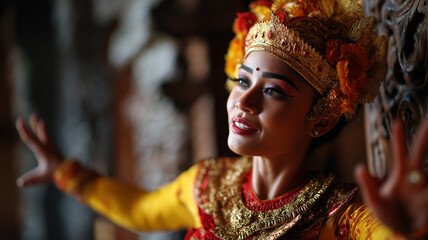 Obraz premium Balinese dancer in traditional costume, in front of ornate carved wood, dynamic expression and dramatic movement