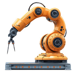 bright orange industrial robotic arm with multiple joints and claw like gripper is positioned on sturdy base, showcasing advanced engineering and precision