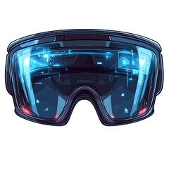 Futuristic augmented reality goggles with digital interface display, showcasing sleek and modern design. transparent visor reveals holographic elements and glowing icons