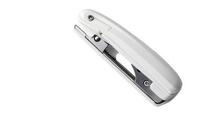 Sleek white stapler, ergonomic design, metallic accents