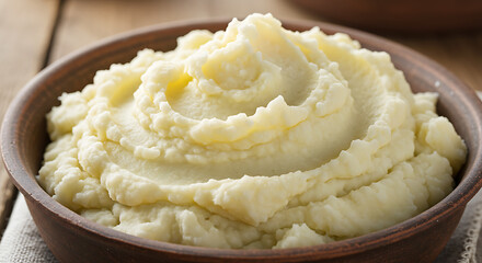 Creamy Mashed Potatoes Served in Rustic Earthenware Bowl Close-Up
