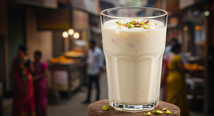 Refreshing Mango Lassi Indian Yogurt Drink with Pistachio Garnish in Street Setting