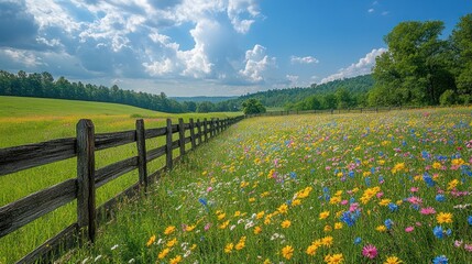 Fototapeta premium Rural meadow landscape with fence
