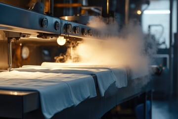 A factory machine steams a stack of folded white T-shirts. The metal machinery is complex and brightly lit from above.