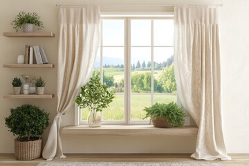 Window with plants and curtains on white background on transparent background