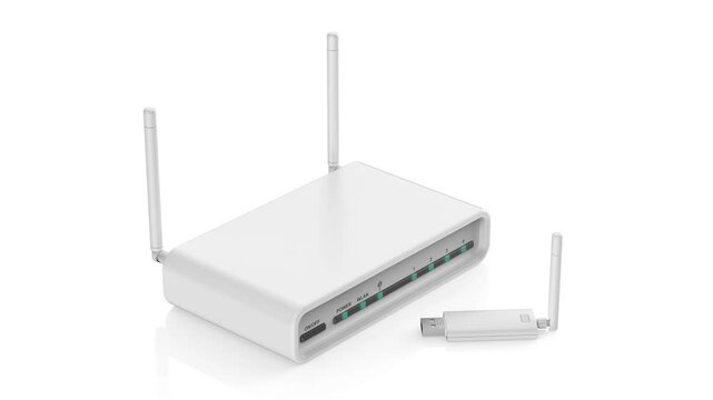 Wireless USB network adapter and router on white background